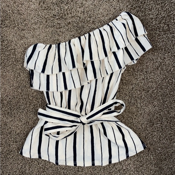 Maeve for Anthropologie Striped Ruffle Tie Waist One Shoulder Top - Picture 4 of 8